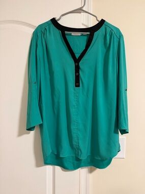 New York & Company Teal Blouse with Black Trim